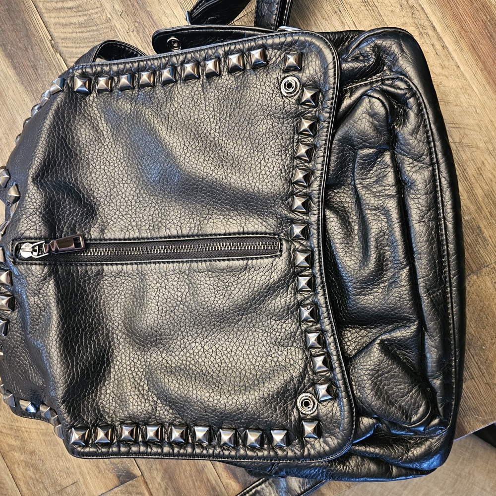 Black Studded Leather Backpack with Textured Finish